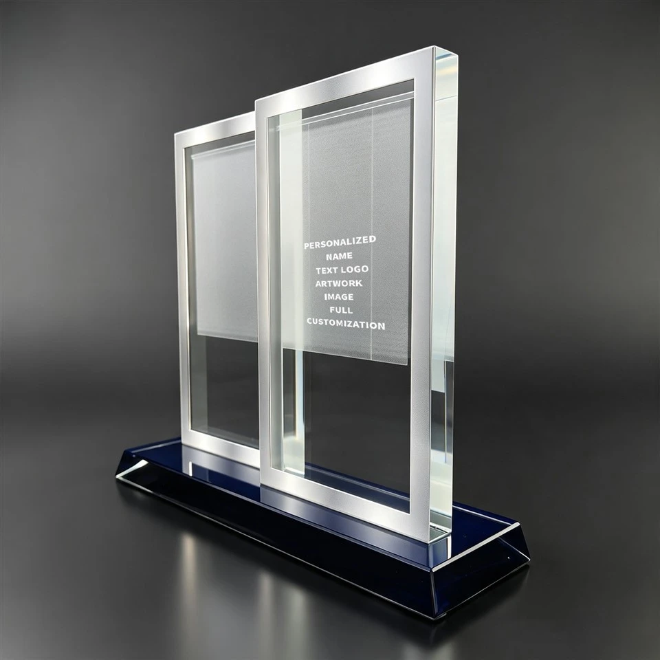 Double Frame Window Blue Base Crystal Plaque factory